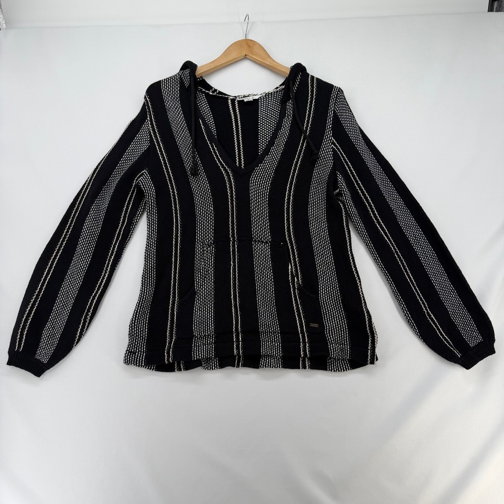 ONeill Womens Black White Striped Baja Knit Hoodie V-Neck Sweater Size M Pocket